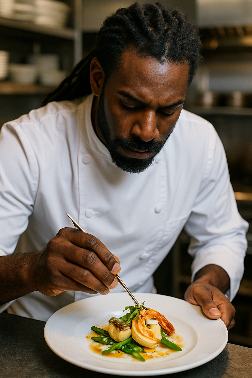 Chef plating seafood dish